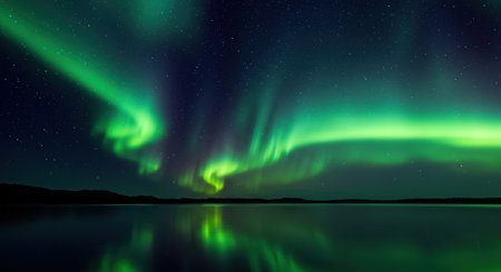 Northern lights (Aurora borealis) over the lake.の素材
