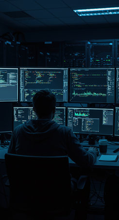 Programmer working in a server room with multiple computer screens and writing codesの素材