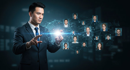 Businessman working with new modern computer and social network structure as conceptの素材