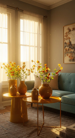 Interior of a living room with a blue sofa and yellow flowersの素材