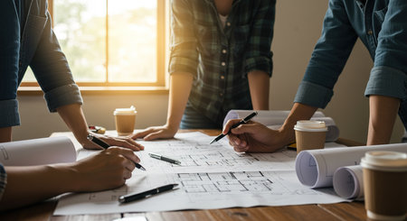 Architects working on blueprint at office desk, Construction concept.の素材