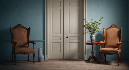 Classic interior with armchair and vase with flowers. 3d renderの素材