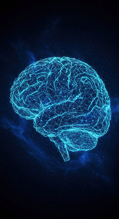 Human brain on dark blue background. Artificial intelligence concept. 3D Renderingの素材