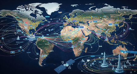 Global network connection over world map. 3D rendering elements of this image furnished by NASAの素材