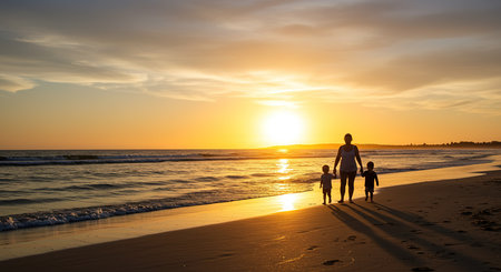 Mother and two kids walking on the beach at beautiful sunset in summerの素材