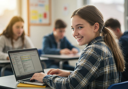Portrait of smiling female student using laptop while sitting at desk in classroomの素材