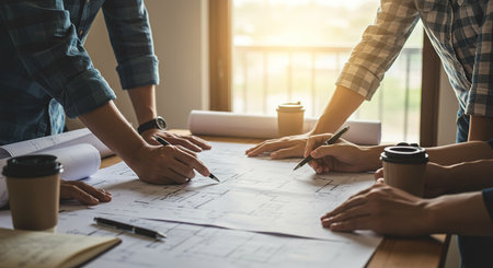 Architects or engineers working on blueprint at office. Construction concept.の素材