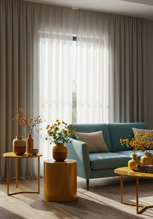 Interior of modern living room with blue sofa, coffee table and yellow flower vase. 3d renderの素材