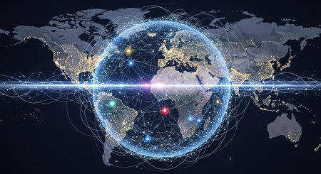 Global network connection over world map background. 3D rendering. Elements of this image furnished by NASAの素材