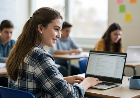 Portrait of smiling female student using laptop while sitting at desk in classroomの素材