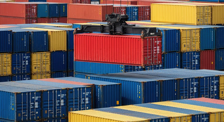 Cargo containers stacked in a large container terminal. Freight transportation.の素材