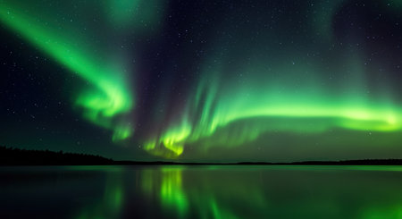 Aurora borealis, northern lights over lake. Long exposureの素材