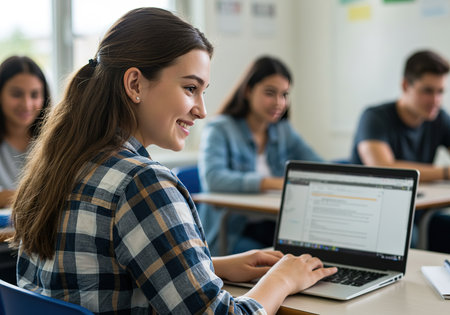 Portrait of smiling female student working on laptop in classroom during lectureの素材