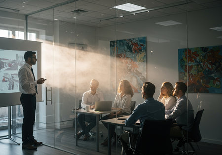 Group of business people working together on a project in a modern officeの素材
