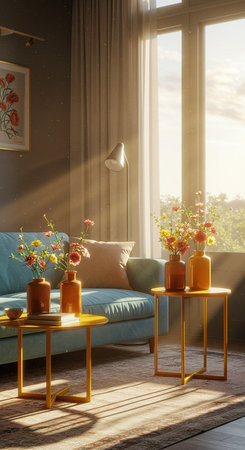 Living room interior with a blue sofa, coffee tables and flowers. 3d renderの素材