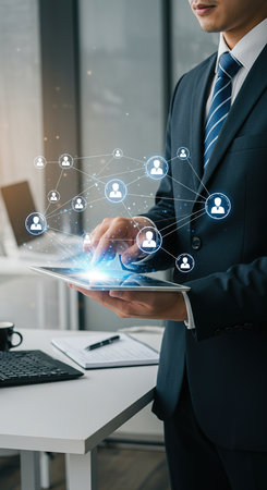 businessman using tablet with social network structure on screen in modern officeの素材