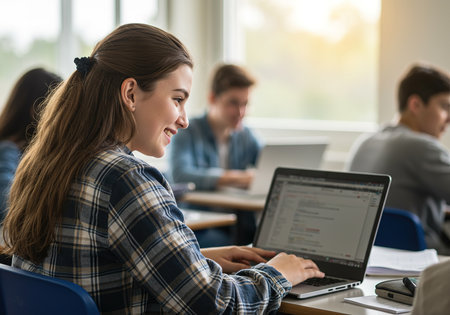 Portrait of smiling female student working on laptop while sitting in classroomの素材