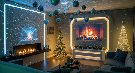 3D rendering of a living room with a fireplace and Christmas treeの素材