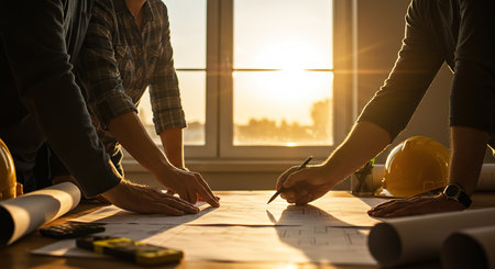 Engineer and Architect working on blueprint at office desk, Construction concept.の素材