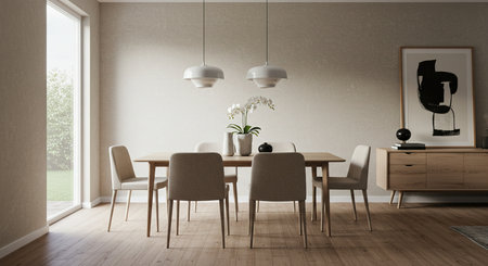 Interior of modern dining room with white walls, wooden floor, round wooden table and chairs. 3d renderingの素材