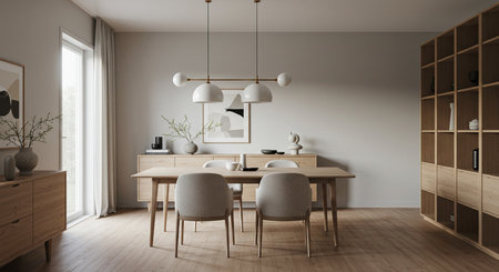 Interior of modern dining room with white walls, wooden floor, long wooden table with gray chairs and bookcase. 3d renderingの素材
