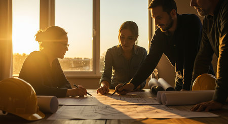 Group of architects working on a project in the office at sunset.の素材
