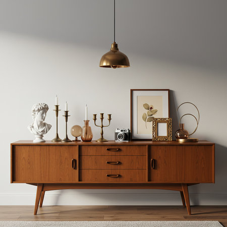 Interior of modern living room with wooden chest of drawers, mirror, candlestick, cupboard, chest of drawers, vase, chest of drawers, vase. 3d renderの素材