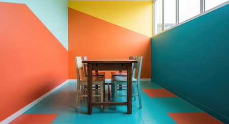 Interior of modern dining room with wooden table and chairs. Nobody insideの素材