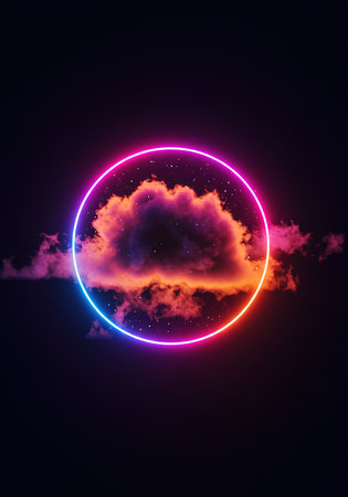 Neon circle with clouds and stars on dark background. 3D renderingの素材