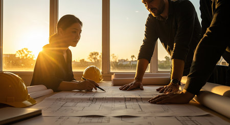 Architect and engineer working on blueprint at office building site. Engineering and architecture concept.の素材