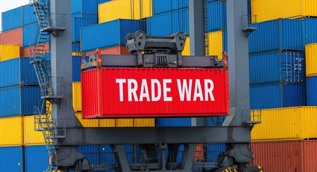 Container Cargo freight ship with working crane and red text TRADE WARの素材