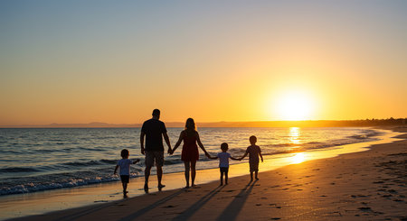 Silhouette of happy family walking on the beach at beautiful sunsetの素材
