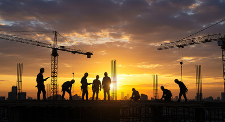 Silhouette of construction workers on construction site at sunset background.の素材