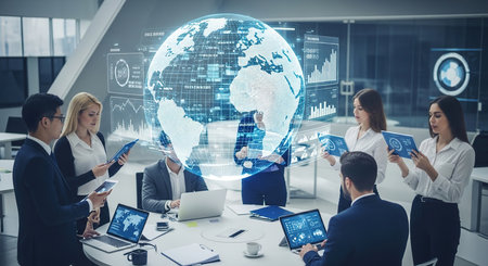 Group of business people working together in modern office with double exposure of planet earth hologram. Concept of international business. Toned imageの素材
