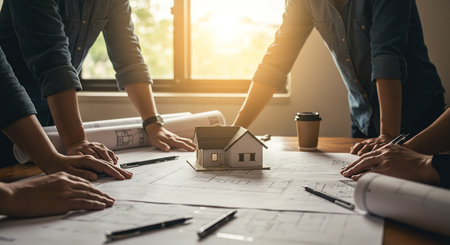 Architect or engineer working on blueprint at office, Construction concept.の素材