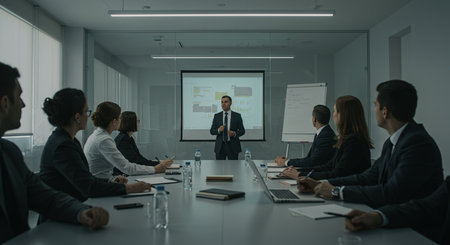 Businessman giving presentation in conference room to his colleagues. Business meeting concept.の素材