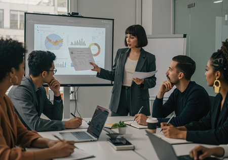 selective focus of businesswoman pointing at charts on whiteboard in meeting roomの素材