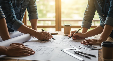 Architect or engineer working on blueprint at office desk, Construction concept.の素材