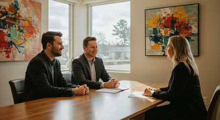 Business people sitting at a table in an office and having a meetingの素材