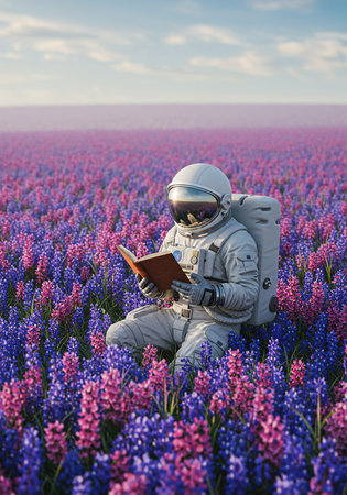 Astronaut reading a book in a field of purple flowers.の素材