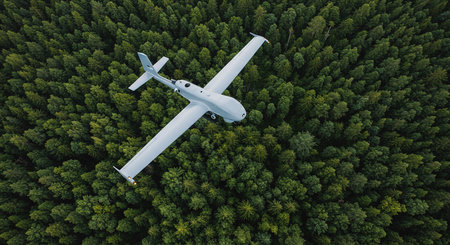 Drone flying in the forest, aerial view. Drone flying in the forest.の素材