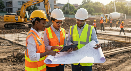 Architects and engineers working on construction site with blueprint and tablet computerの素材