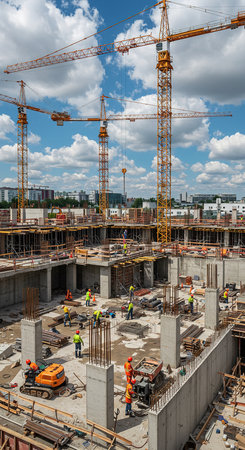 Construction site with cranes and workers on a background of blue skyの素材