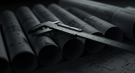 3d rendering of blueprint rolls and caliper tool over dark backgroundの素材