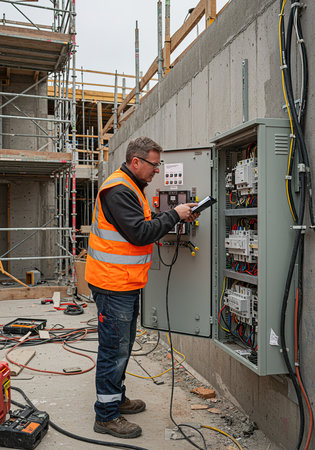 electrician at work in an electrical substation with wires and cablesの素材