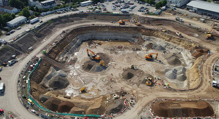 Aerial view of construction site with excavators and heavy machinery.の素材