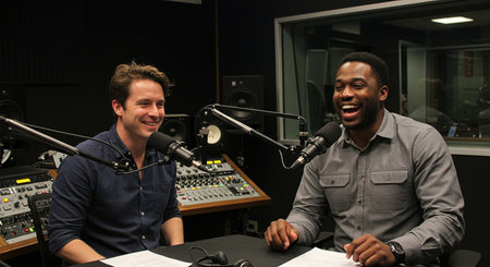 Two radio hosts in a recording studio, smiling at the camera.の素材