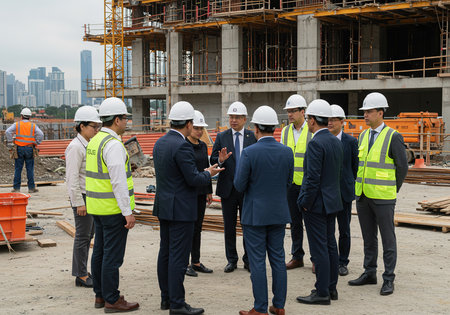 Group of engineers and architects working on building site.の素材