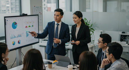 Business people proficiently discuss work project while sitting in office. Corporate business team collaboration concept.の素材