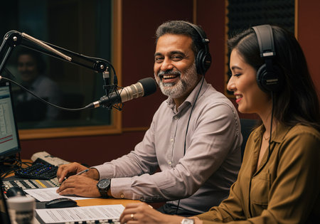 selective focus of mature radio host talking with colleague in recording studioの素材